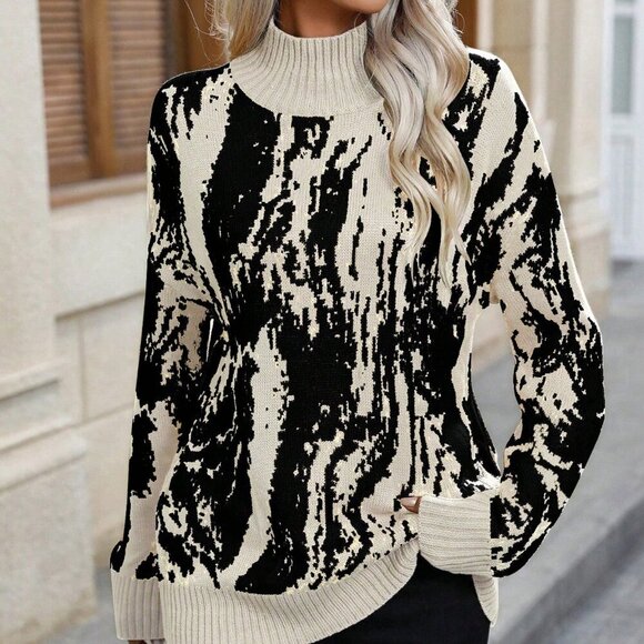 Apricot Casual Women's Graphic Pattern Mock Neck Drop Shoulder Sweater - Picture 3 of 6